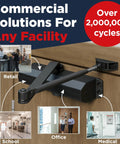 Heavy Duty Commercial Door Closer Built Like a Tank for High Traffic Spaces mounted on wood surface with office settings in background.