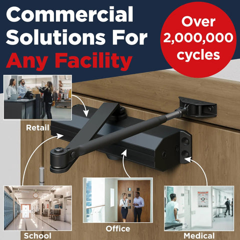Heavy Duty Commercial Door Closer Built Like a Tank for High Traffic Spaces mounted on wood surface with office settings in background.
