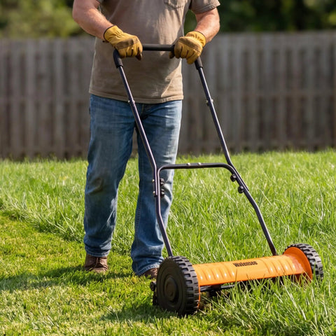 14 Inch Manual Push Reel Lawn Mower With 5 Blade Precision Cutting And Scissor Like Action For Clean Grass Snips, 4 Height Settings For Perfect Lawn Maintenance, Low Effort Yard Work, Quiet And Eco Friendly, orange steel mower on grass