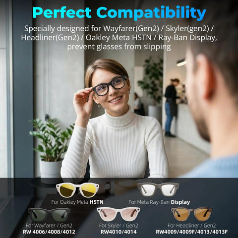 Woman wearing glasses indoors, highlighting LED Light Blocking Sticker Kit For Ray Ban Meta Gen 1 Gen 2 And Oakley Meta HSTN Eyewear compatibility.