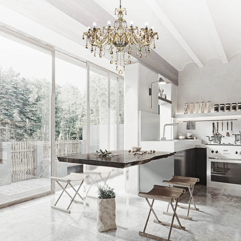 10-Light Crystal Chandelier In Cognac Champagne Finish With K9 Crystal Beads in a modern dining room setting.