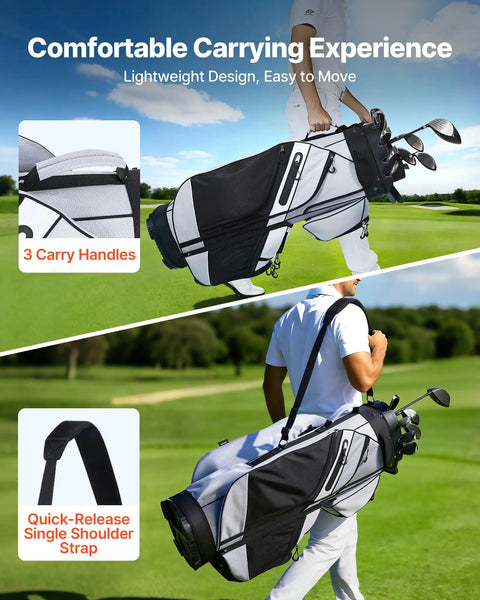 Man carrying 14 Way Full Length Divider Golf Cart Bag With Lock Top Organizer, showing handles and shoulder strap on golf course.