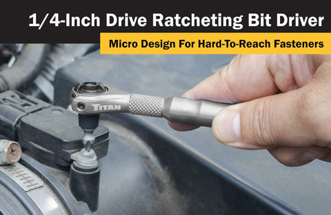 Compact 1/4-Inch Drive 4-Inch Swivel Head Micro Ratcheting Bit Driver With 90-Tooth Reversible Mechanism For Tight Spots in use