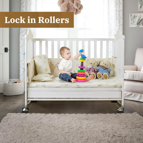 Non Slip Rubber Furniture Caster Cups Three Inch By Three Inch Square Black Floor Protectors on crib wheels, wooden floor.