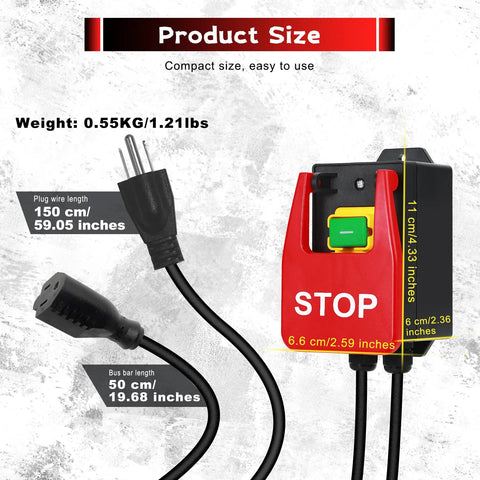 110V To 120V Single Phase On Off Paddle Switch With Compact Size, Rugged Extension Cord, and Receptacle for Workshop Machinery