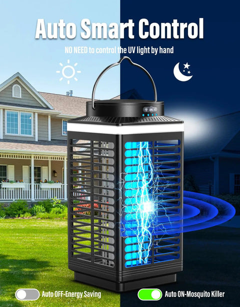 Outdoor Cordless Mosquito Zapper With 4200V Electric Grid And LED Blue Light 3 In 1 Portable Rechargeable Zapper Waterproof IP67 Wireless Hanging Fly Trap For Patio And Camping, shown in a backyard setting.