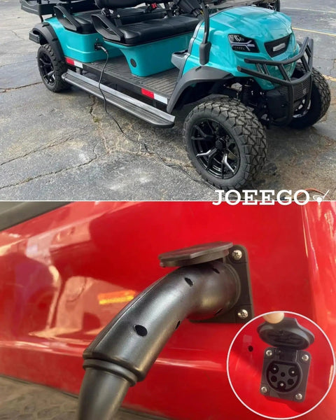 Heavy Duty Golf Cart Charger Cord Assembly Channels Solid One Six Amps Through Ten Feet Of Black Wall Plug Wiring Made For Forty Eight Volt EV Fits D2 D3 D5 And Dmax Series showing connection to electric golf cart.