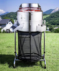 Electric Bud Leaf Trimmer With Tilted 18 Inch Frame standing on grass with collection bag attached, used for hydroponic cutting.