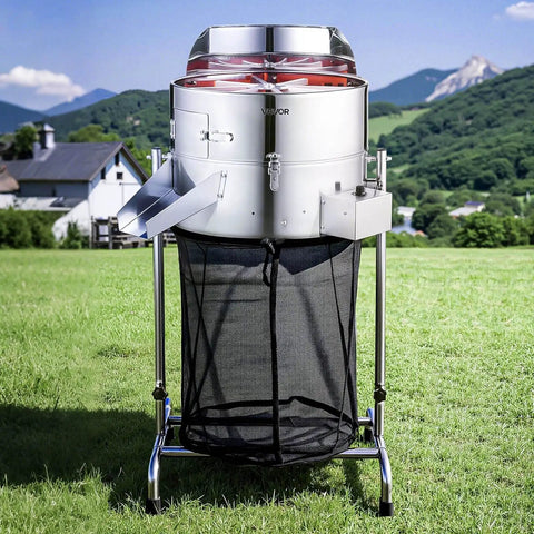 Electric Bud Leaf Trimmer With Tilted 18 Inch Frame standing on grass with collection bag attached, used for hydroponic cutting.