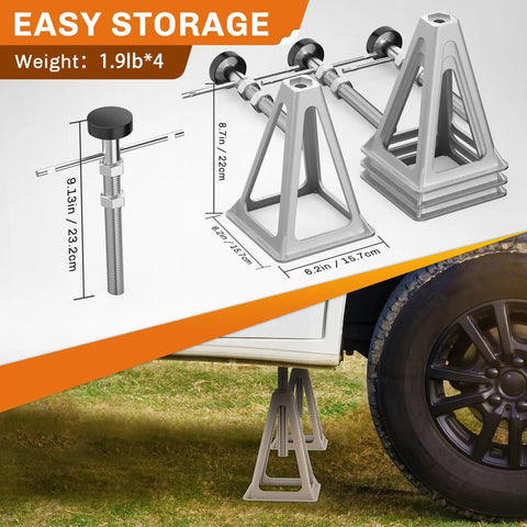 Premium Cast Aluminum RV Stabilizer Jacks 4 Pack Heavy Duty Leveling Kit for Travel Trailer Camper with adjustable supports and easy storage.