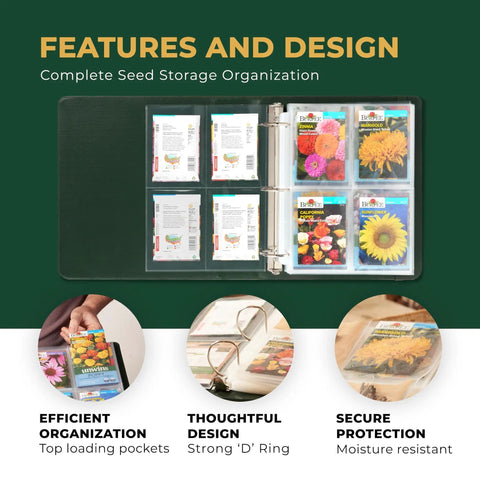 Big Capacity Seed Packet Organizer Binder with 50 Heavy Duty Sheet Protectors that holds 200 seed envelopes displayed open
