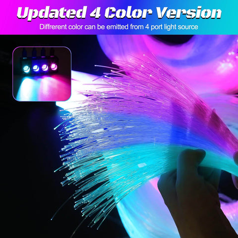 Split 4 Color 12W Car Starlight Headliner Kit with 1000 fiber optic strands, showing vibrant color lighting and fiber optics in hand.
