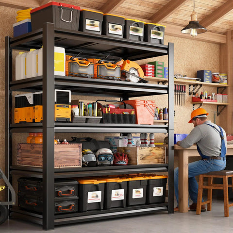 Heavy Duty 5 Tier Garage Shelving Rack With Adjustable Metal Shelves, Steel Storage Organizer For Tools And Parts, 3000 Lb Capacity, No Sag, Easy Assembly, Durable Garage Shelves in workshop with tools