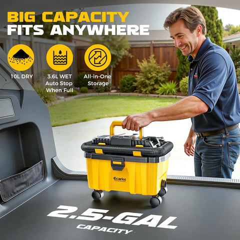 Man placing Cordless 2.5 Gallon Wet Dry Shop Vacuum With 15KPa Suction in car trunk highlighting size and versatility