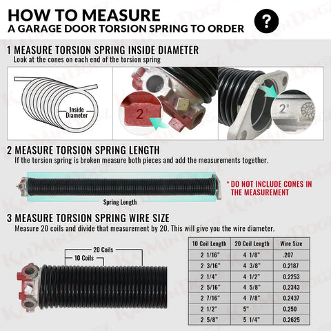 Illustration on measuring garage door torsion spring dimensions including wire size and inside diameter for Pair Of 2 Inch Garage Door Torsion Springs Set With Non Slip Winding Bars And Gloves For DIY Friendly Replacement And Quick Installation Black Coated Without Oil 0.207 Inch Wire 2 Inch Inside Diameter 24 Inch Length Min 16000 Cycles