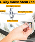 All In One Tire Valve Repair Kit With 2 Stem Removal Tools, 20 Valve Cores, 10 Caps, 1 Four Way Tool for Bleeding and Thread Cleaning in use