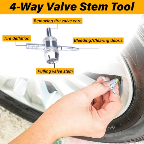 All In One Tire Valve Repair Kit With 2 Stem Removal Tools, 20 Valve Cores, 10 Caps, 1 Four Way Tool for Bleeding and Thread Cleaning in use