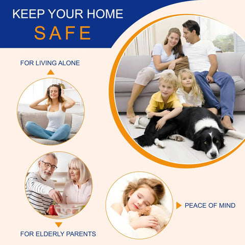 Family on sofa, elderly couple cooking, woman meditating, child sleeping; promoting home safety and peace of mind for living alone.