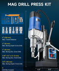 Industrial Magnetic Drill Press With Six Twist Core Bits, 1550w Motor For Zero Sweat Steel Boring, Stepless Speed And A Rock Solid Magnetic Base Handling Two Inch Cuts On Site, showing drill press kit and six drill bits.