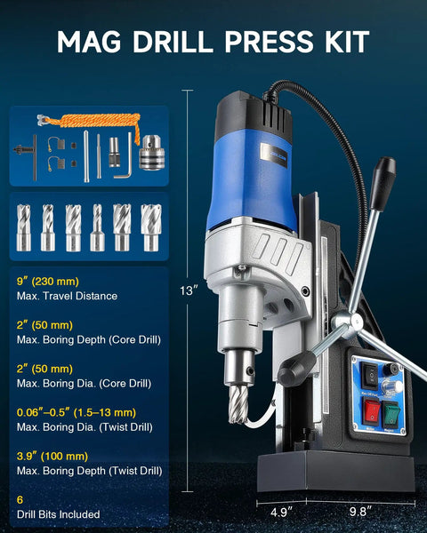 Industrial Magnetic Drill Press With Six Twist Core Bits, 1550w Motor For Zero Sweat Steel Boring, Stepless Speed And A Rock Solid Magnetic Base Handling Two Inch Cuts On Site, showing drill press kit and six drill bits.