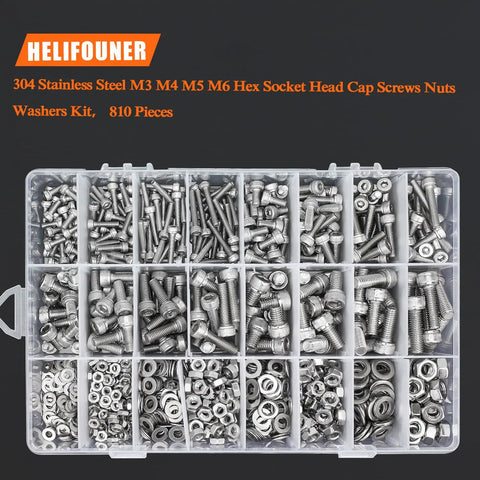 Top Shelf 810 Piece Metric Hardware Assortment Kit With M3 M4 M5 M6 304 Stainless Steel Hex Socket Screws Bolts Nuts Washers And Hex Keys For Quick And Reliable Repairs.