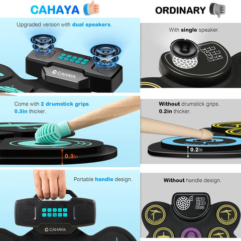Comparison of 9 Pad Electronic Drum Set With Dual Speakers Portable MIDI Practice Kit For Beginners and ordinary set