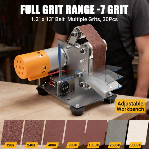 Badass Mini Electric Belt Sander And Knife Sharpener For Precision Jewelry Crafting and desk polishing with multiple grit belts.