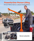 VEVOR 1100 Lb Electric Truck Crane For Pickup Bed lifting an engine with orange telescopic boom in truck bed.