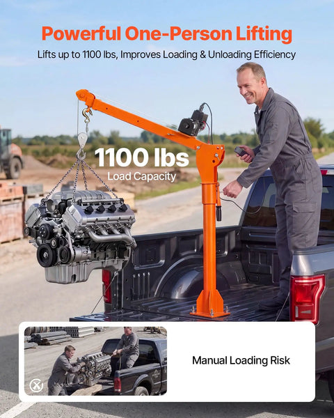 VEVOR 1100 Lb Electric Truck Crane For Pickup Bed lifting an engine with orange telescopic boom in truck bed.