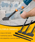 Demonstration of 5 Piece SDS Plus Tile Removal Chisel Set For Rotary Hammers With Wide Bent Angled Tips for masonry and tiles