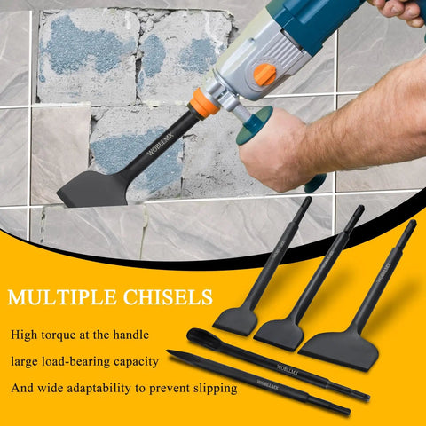 Demonstration of 5 Piece SDS Plus Tile Removal Chisel Set For Rotary Hammers With Wide Bent Angled Tips for masonry and tiles