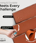 Image showing water droplets on a Red Fiber Reinforced Silicone Sheet One Eighth Inch Thick By Nine By Twenty Four Inches High Temp 70A Gasket Material For DIY Sealing Pads Surface Protection Oil And Chemical Resistant Made In USA, highlighting waterproof and flame resistance properties with lighter test.