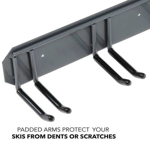 Wall Mounted Ski Storage Rack Holds Four Pairs Of Skis And Poles Or A Snowboard Tough As Nails With Rubber Coated Hooks detail view