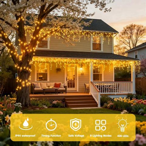 Warm White Icicle Christmas Lights Outdoor Indoor 400 LED With 80 Drops About 48Ft Copper Wire Plug In String Lights for house decor