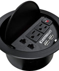 Power Tap Grommet With Hidden Center For Desk Setup Featuring 2 Power Outlets, 2 USB Ports, 2 CAT5e RJ45 in black metal housing.