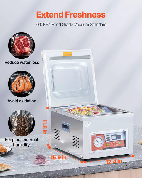 VEVOR chamber vacuum sealer with open lid; stainless steel body, 260W sealing power