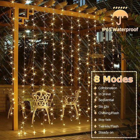 600 LED Solar Curtain Lights With Remote, Outdoor Fairy String Lights On Gazebo, Warm White, 8 Modes, IP65 Waterproof