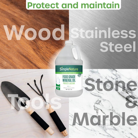 All American Food Grade Mineral Oil For Wood Care Keeps Your Cutting Boards Butcher Block Counters And Stainless Steel Smooth Protected And Ready For Action Odorless Tasteless Colorless 1 Gallon bottle with handling surfaces background