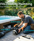 Built Tough 1.5HP Dual Speed Spa Pump Featuring Slick 48 Frame Motor Design and Kickass Water Flow with Zero Sweat Quick Swap Install for Ultimate Hot Tub Vibes, showing installation with 90° rotating discharge ports.