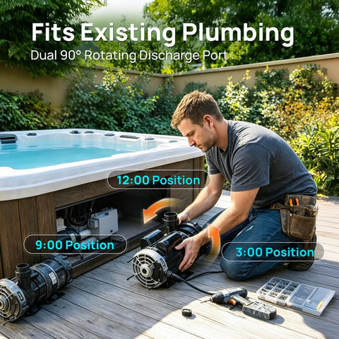 Built Tough 1.5HP Dual Speed Spa Pump Featuring Slick 48 Frame Motor Design and Kickass Water Flow with Zero Sweat Quick Swap Install for Ultimate Hot Tub Vibes, showing installation with 90° rotating discharge ports.