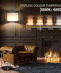 LED Floor Lamp With Stepless Dimming And Four Color Temperature Modes, ideal for living room with brown leather sofa.