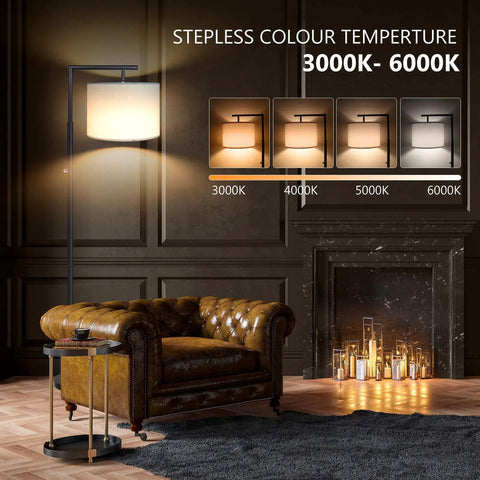 LED Floor Lamp With Stepless Dimming And Four Color Temperature Modes, ideal for living room with brown leather sofa.