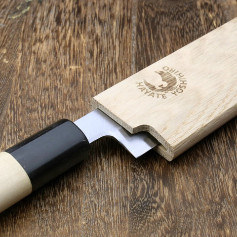 Premium Magnetic Oak Saya Cover For Yanagi Knives, Rugged Blade Protector, 270mm Guard on wooden surface