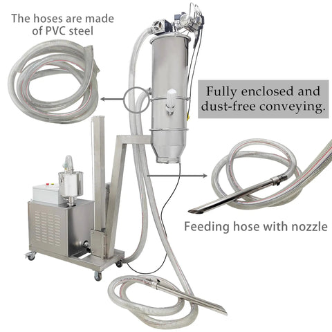Industrial Grade Pneumatic Vacuum Conveyor And Feeder Loader Stainless Steel Dust Free Design Handles 1984 Pounds Per Hour with PVC hoses.