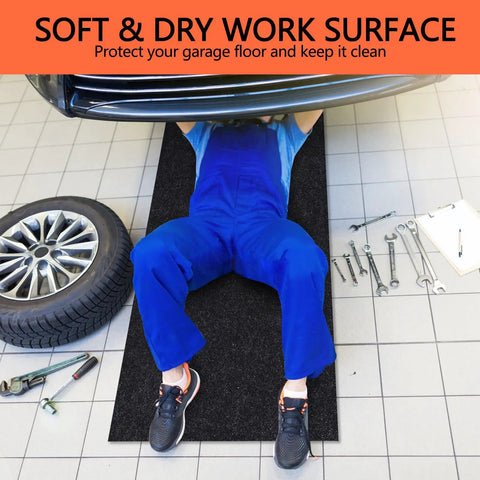 Mechanic working under car on Heavy Duty Oil Spill Mat For Garage Floor, 48 By 72 Inch Under Car Protector, Waterproof, Reusable Pad
