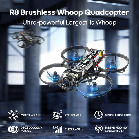 R8 Brushless Whoop Quadcopter showcasing Dope ELRS FPV Whoop Drone RTF With Pocket Controller Four Batteries Six In One Charger