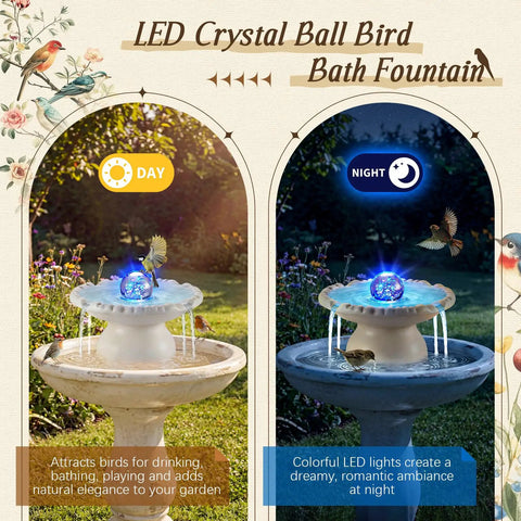 Outdoor Bird Bath Fountain With LED Light And 5W Submersible Pump Crystal Ball Accent Vintage White Resin Tower Water Feature