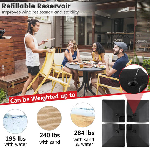 Fillable Offset Patio Umbrella Base Set displayed with friends dining outdoors, showing weight options and fill spouts