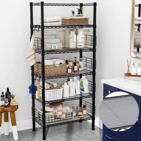 Beefy Five Tier Metal Storage Rack With Adjustable Shelves, 400Lb Total Load, Narrow 21.2W X 9.4D X 59.2H Steel Shelving for bathroom