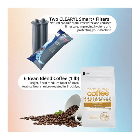 Z10 32 Specialties Automatic Coffee Machine Bundle With Glass Milk Container 6 Bean Blend Espresso Roast Milk System Cleaner Mini Tabs And 2 Smart Plus Filter Cartridges For Fresh Barista Vibes At Home display showing filters and 6 Bean Blend coffee